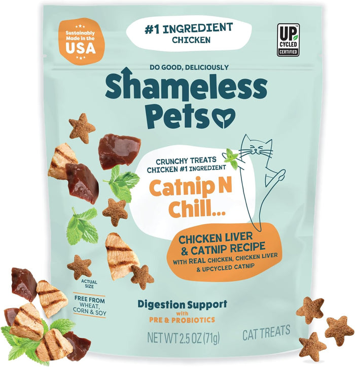 Shameless Pets Crunchy Cat Treats - Catnip Treats for Cats with Digestive Support, Kitten Treats with Real Chicken, Natural & Healthy Flavored Feline Snacks - Catnip N Chill, 1-Pk (12 Oz)