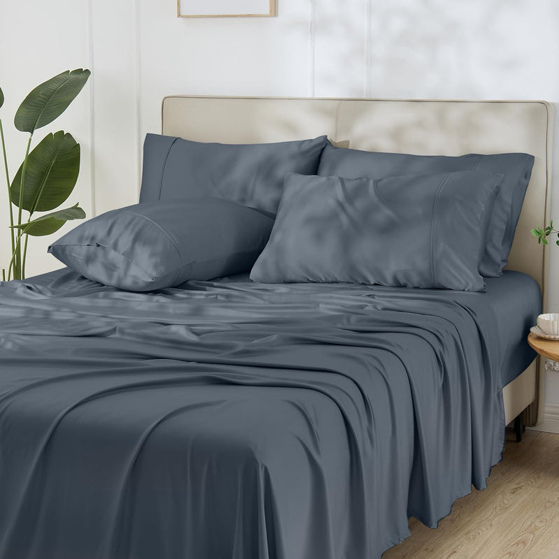 GOKOTTA 4-Pcs King Size Sheets Set, 100% Rayon Derived from Bamboo, 16 Inch Deep Pocket King Sheets with Elastic Corner Straps, Cooling Sheets for Hot Sleepers - Silky Soft & Breathable - Stone Grey