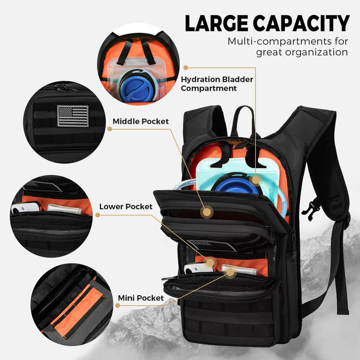 Tactical Hydration Backpack with 2L Water Bladder and Front Small Tactical Pouch, Outdoor Water Backpack for Men Women, Sports Hydration Pack for Hiking, Cycling, Climbing