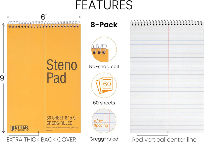 Better Office Products Spiral Steno Pads, 8 Pack, 6 x 9 inches, 60 Sheets, White Paper, Gregg Rule, Natural Board Cover, 8 Steno Notebooks