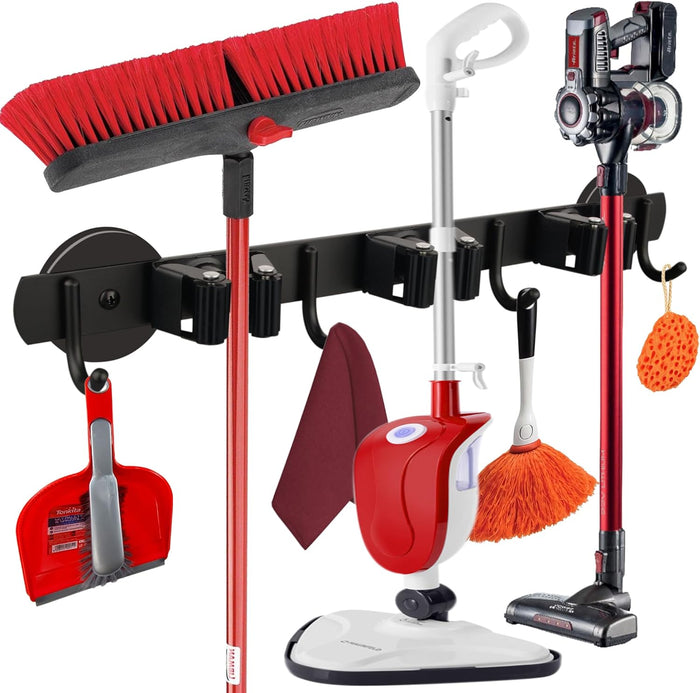 ULIBERMAGNET Magnetic Mop Broom Holder,Heavy Duty Movable Magnetic Broom Holder Rack,Anti-slip Wall Mounted Utility Storage Mop Shovel Hanger for Garage, Kitchen, Laundry, Garden(2 Pack/Black)