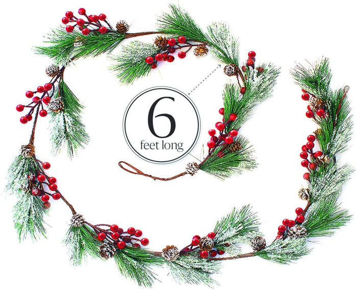 Christmas Garland Winter Red Berries Holiday Decoration Pine Cones, Evergreen Pine Needle – Unlit Berry Garlands Xmas Decor, Kitchen, Bar, Fireplace/Indoor/Outdoor Greenery with Snow 6 Ft Long (6ft)