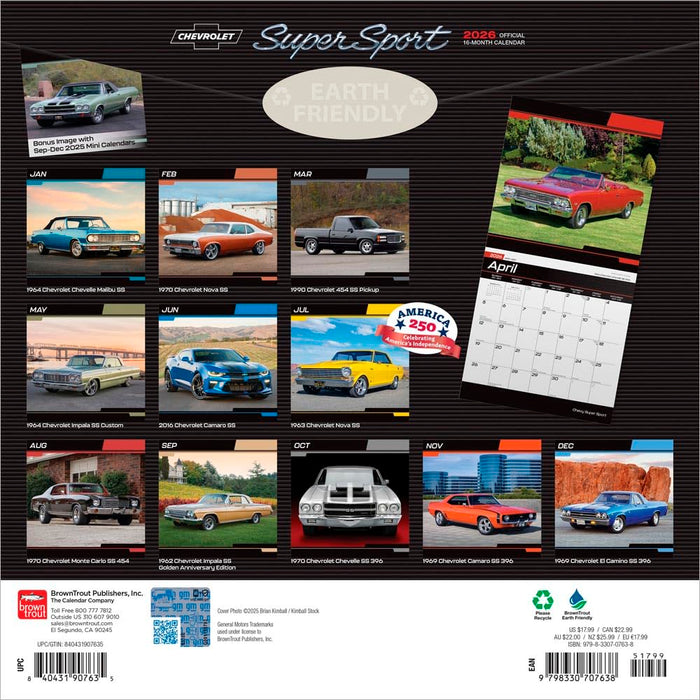 Chevy Super Sport OFFICIAL | 2026 12 x 24 Inch (Hanging) Monthly Square Wall Calendar | Plastic-Free | BrownTrout | Chevrolet Motor Muscle Car