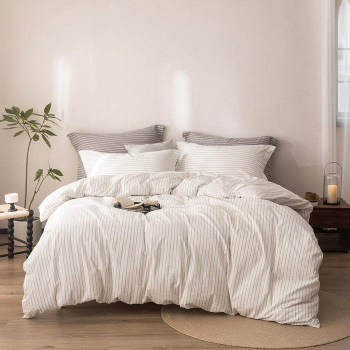 Stripe Duvet Cover Super King Plus Size 120inch x 120inch, 100% Washed Cotton Linen Feel Duvet Cover with Zipper Closure and 2 Pillowcases, Color of White-Dark Grey Stripe