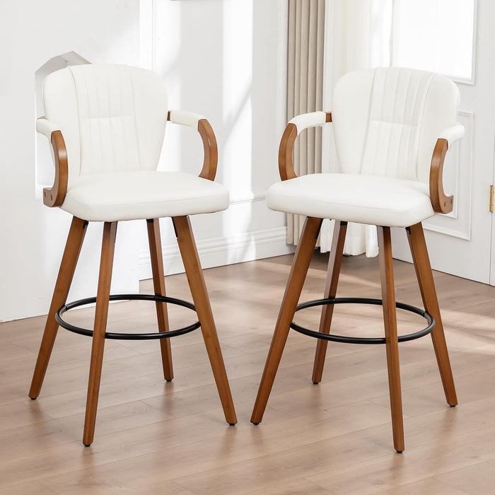 26" Swivel Counter Height Bar Stools with Back, White Faux Leather Kitchen Island Bar Chairs with Arms,Spliced Pleated Wingback Barstools for Bar/Kitchen/Dining Room,Set of 3