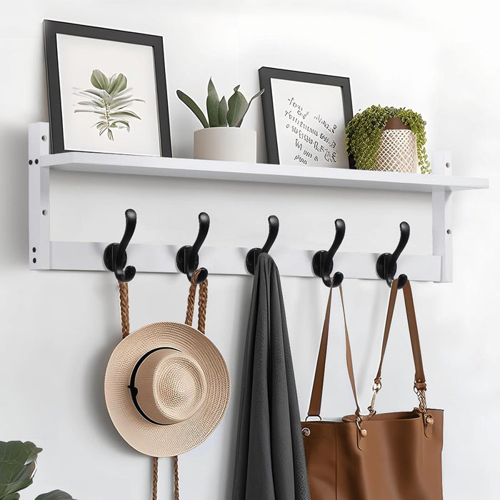 Tatub 29'' Coat Rack Wall Mount with Shelf, Wood Wall Hooks with Storage, Entryway Shelf with 5 Coat Hangers for Bathroom, Living Room, Bedroom, Black