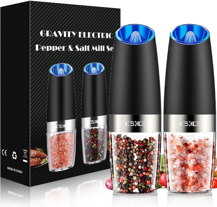 XinXu Gravity Electric Pepper and Salt Grinder Set, Adjustable Coarseness, with LED Light, One Hand Automatic Operation (Set/Silver X)