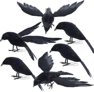 YOFIT Halloween Crow Decorations 6 Pack, Assorted Size Handmade Black Feather Birds Prop, Artificial Ravens Décor for Outdoor Indoor