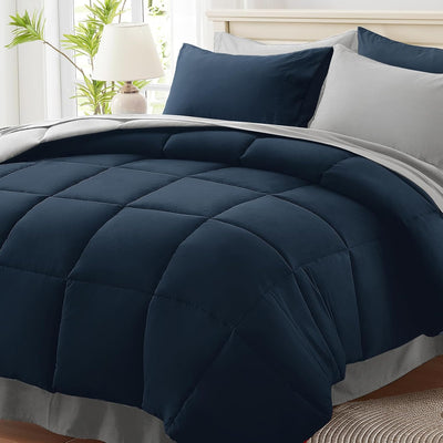 Anluoer Queen Comforter Set 7 Piece, Navy and Grey Bed in a Bag with Sheets