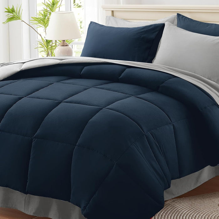 Anluoer Queen Comforter Set 7 Piece, Navy and Grey Bed in a Bag with Sheets