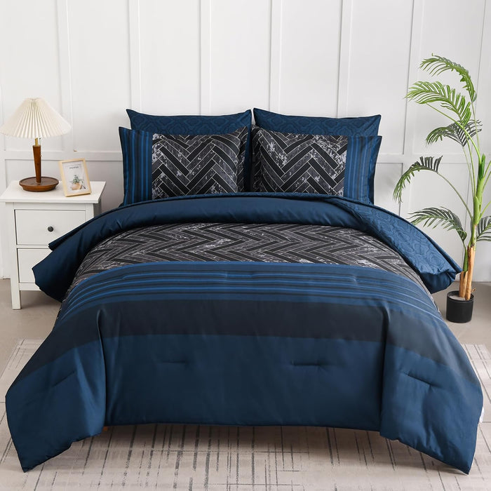 Luxudecor Burgundy Comforter Set Queen Size 7 Pieces Red and Black Stripe Bed in a Bag Geometric Comforter and Sheet Set, Soft Microfiber Complete Bedding Sets for All Seasons
