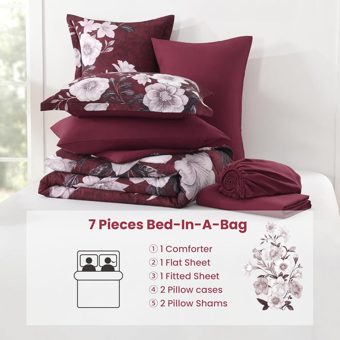 Floral Comforter Set Queen Size, 7 Pieces Burgundy Bed in a Bag, Elegant Floral Butterfly Comforter and Sheet Set, Soft Microfiber Bedding Set for All Seasons(Burgundy,90"x90")
