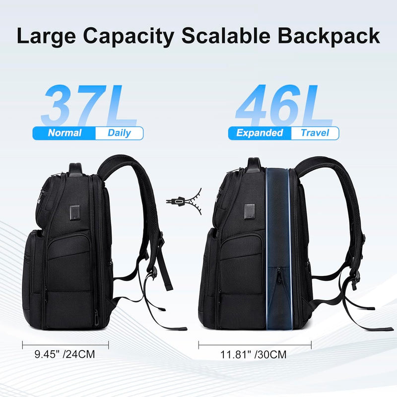 FENRUIEN Business Travel Backpack for Men,Large Capacity Laptop Backpack with USB Charging Port,Multifunctional Water Resistant Expandable Black Bag Fits 15.6 Inch computer