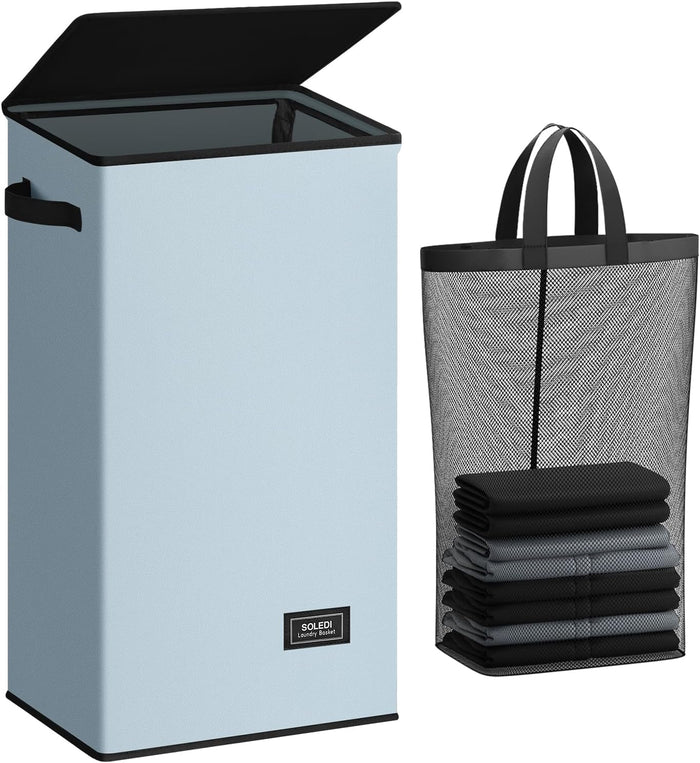 SOLEDI Laundry Hamper with Lid 100L Large & Tall Collapsible Laundry Basket, Clothes Hamper with Bag Removable Easy to Carry, Dirty Hampers for Bedroom, Bathroom, Dorm, College, Grey