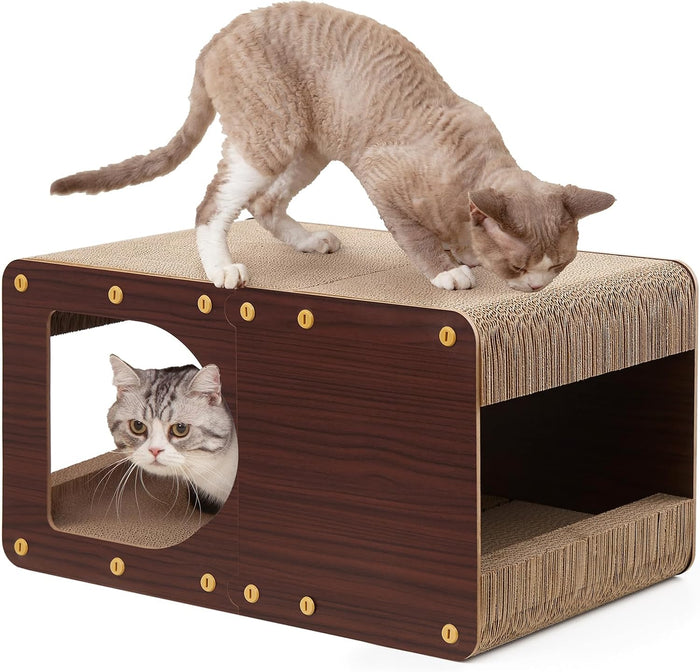 EHEYCIGA Cardboard Cat Scratcher House, 17-Inch Corrugated Cat Scratcher for Indoor Cats, Kitten Scratching Board Pad, Dark Brown