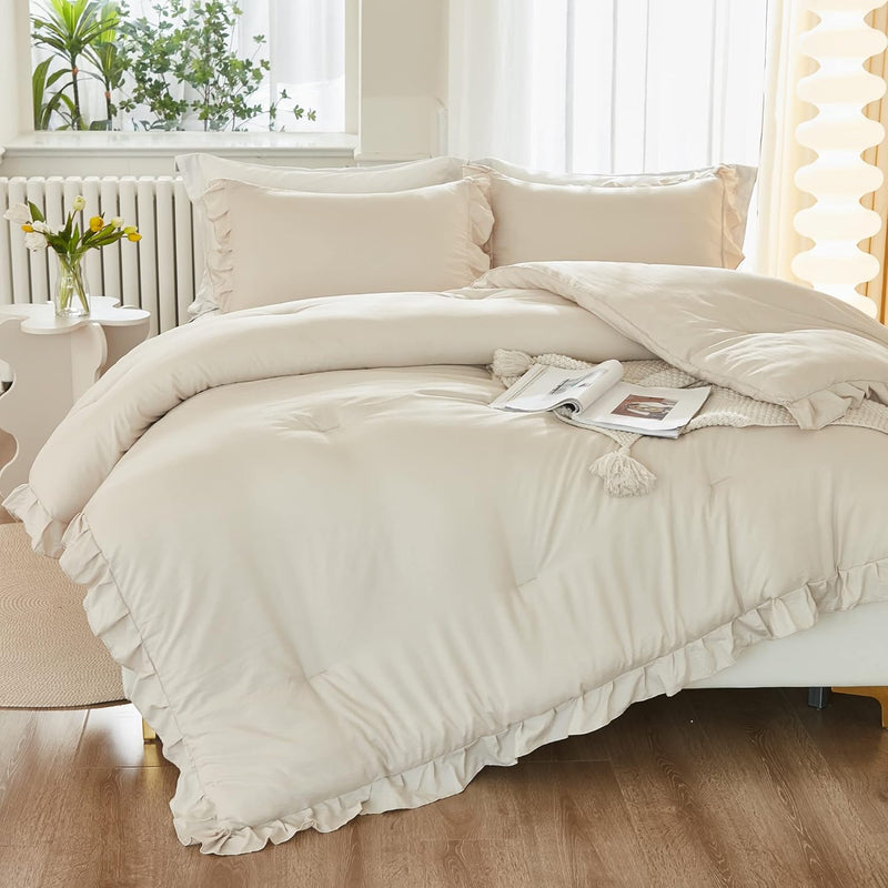 Litanika Full Size Comforter Sets, 3 Pieces Blush Pink Ruffle Girls Women Cute Bedding Comforters & Sets, Lightweight Fluffy Microfiber as Gift (79x90In Comforter & 2 Pillowcases)