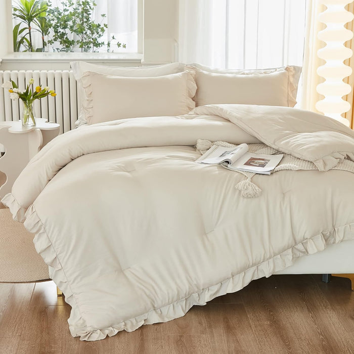 Litanika Full Size Comforter Sets, 3 Pieces Blush Pink Ruffle Girls Women Cute Bedding Comforters & Sets, Lightweight Fluffy Microfiber as Gift (79x90In Comforter & 2 Pillowcases)