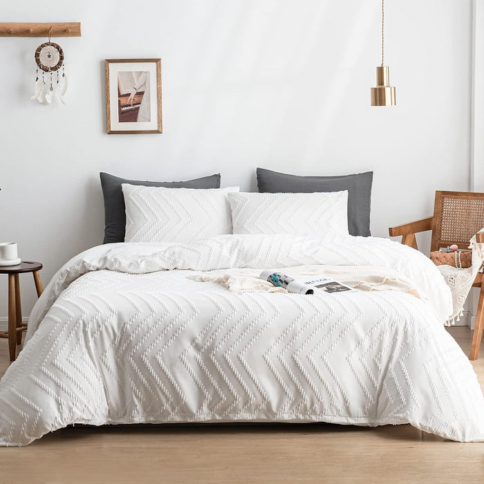 WARMDERN White Boho Duvet Cover Set Queen Size, Striped Textured Tufted Bedding Set, 3 Pcs Ultra Soft Washed Microfiber with Zipper Closure (Queen, White)