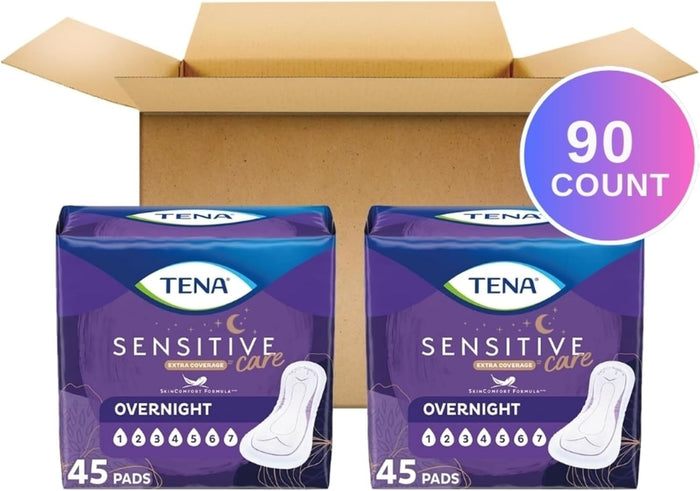 TENA Sensitive Care Incontinence Pads, Bladder Control, Postpartum for Women, Overnight Absorbency, Extra Coverage, 90 Count