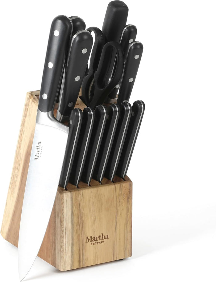 MARTHA STEWART Eastwalk 14 Piece High Carbon Stainless Steel Cutlery Kitchen Knife Block Set w/ABS Triple Riveted Forged Handle Acacia Wood Block - Linen White