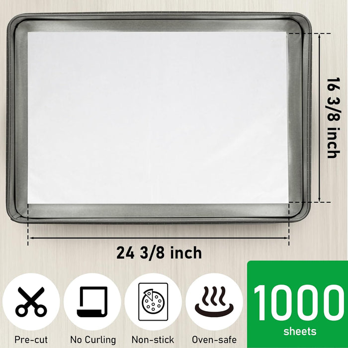 1000 Pcs, 16-3/8" x 24-3/8" Non-Stick Precut Parchment Paper Baking Sheets Full Pan liner for Bake (White)