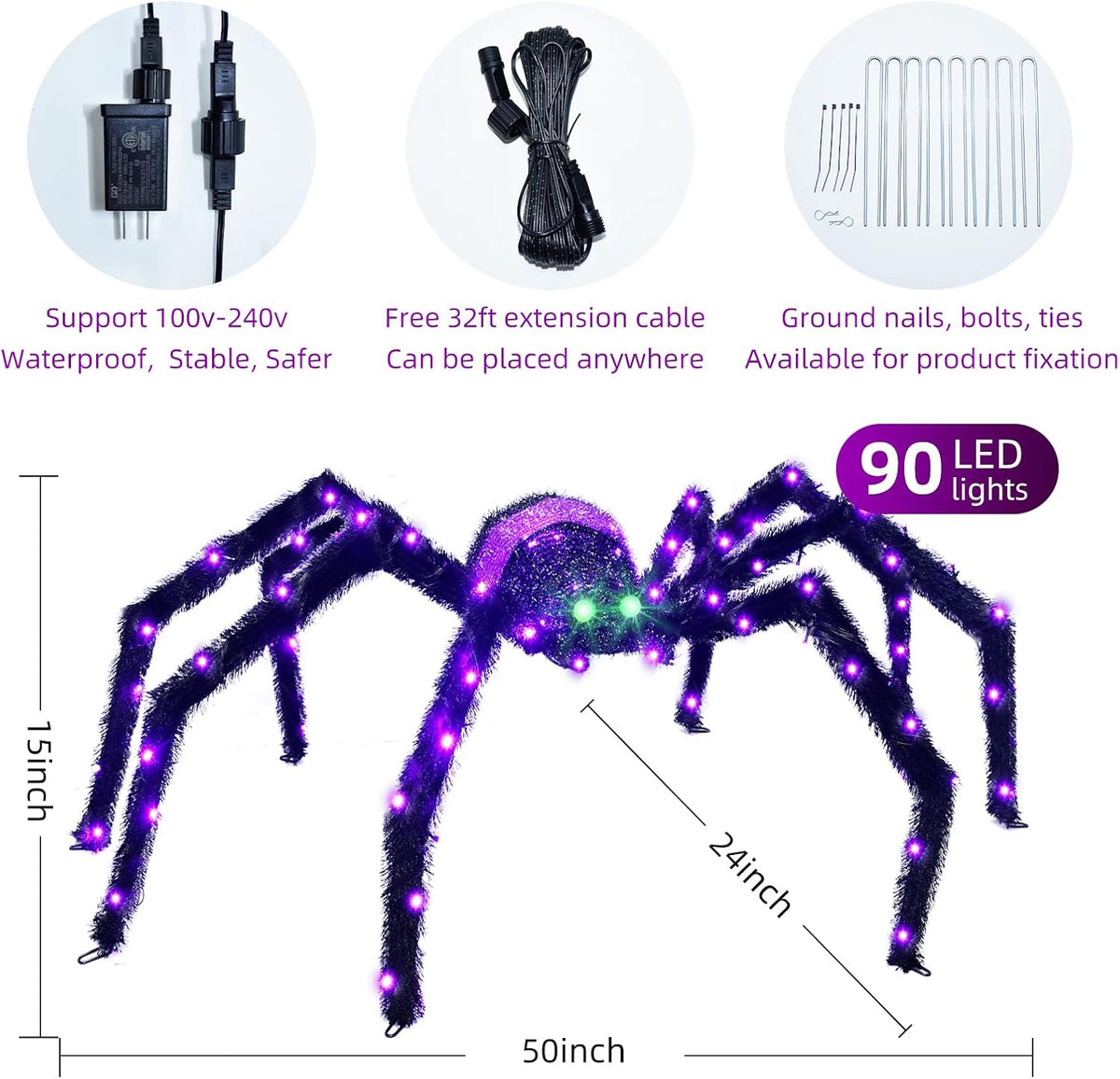 Halloween Decorations Outside Giant Spider - HOYECHI Outdoor Halloween Decor Lighted Spider 4.2FT, Light Up Spider with 90 LED Lights, Ground Stakes, for Front Yard Porch Gardens Lawns Party