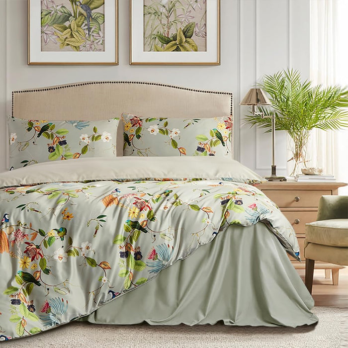 mixinni Garden Style Cotton Flowers and Birds Pattern Printed Duvet Cover Reversible Design Peacock Blue 3 Piece Bedding Duvet Set with Zipper Closure, Perfect for Him and Her-Queen Size
