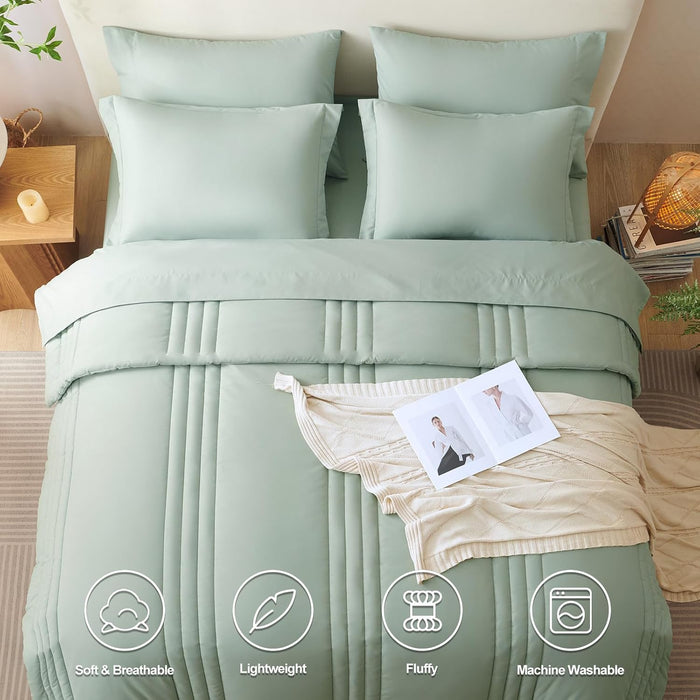 CozyLux Queen Comforter Set - 7 Pieces Bed in a Bag Sage Green Comforters Queen Size Bed Set, Soft Bedding Set with All Seasons Comforter, Sheets, Pillowcases & Shams