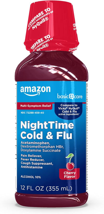 Amazon Basic Care Night Time Cold & Flu Liquid, Cherry, 12 fl oz (Pack of 1)