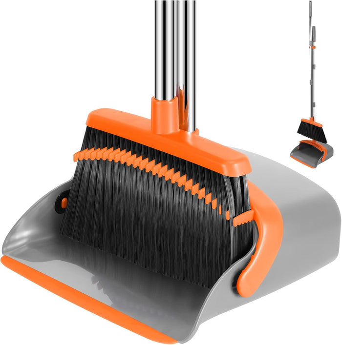 NACENA Broom and Dustpan Set, 52-in Long Adjustable Handle Broom Dustpan Combo with Dustpan Teeth to Automatically Clean Hair Suitable for Home Kitchen Office Hall Floor（Black&Red）