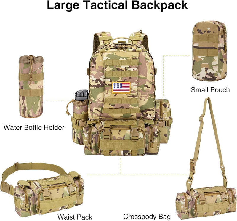 60L Tactical Backpack for Men, Large Military Backpack Molle Rucksack, Heavy Duty Army Assault Pack, Tactical Bag with Detachable Bottle Holder for Hiking Camping Hunting Adventure, Camo