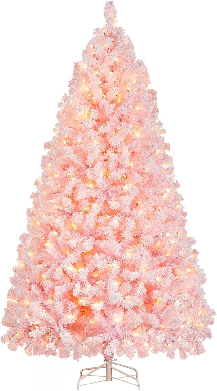 Yaheetech 4.5ft Pre-lit Artificial Christmas Tree with Incandescent Warm White Lights, Snow Flocked Full Prelighted Xmas Tree with 340 Branch Tips, 150 Incandescent Lights & Foldable Stand, Pink
