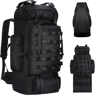 70L/100L Camping Hiking Backpack with Rain Cover, Expandable Large Military Tactical Backpack, Waterproof Molle Racksack Travel Backpacking Daypack for Climbing Trekking (Black)
