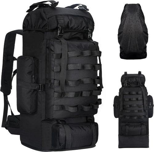 70L/100L Camping Hiking Backpack with Rain Cover, Expandable Large Military Tactical Backpack, Waterproof Molle Racksack Travel Backpacking Daypack for Climbing Trekking (Black)