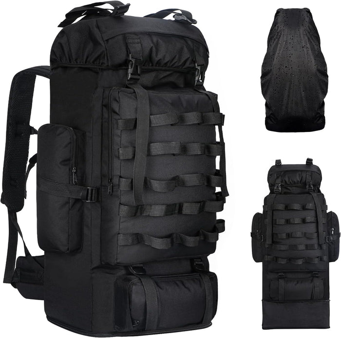70L/100L Camping Hiking Backpack with Rain Cover, Expandable Large Military Tactical Backpack, Waterproof Molle Racksack Travel Backpacking Daypack for Climbing Trekking (Black)