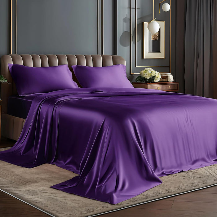 BEDELITE Satin Sheets Queen Size Bed Set, Luxury Soft Black Silky Sheets for Hair and Skin, Similar to Silk Bed Sheets Set 4 Pieces with 1 Deep Pocket Fitted Sheet, 1 Flat Sheet, and 2 Pillowcases