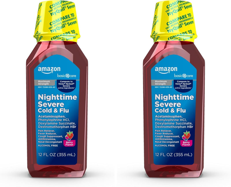 Amazon Basic Care Night Time Cold & Flu Liquid, Cherry, 12 fl oz (Pack of 1)