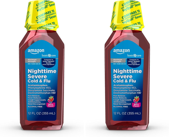 Amazon Basic Care Night Time Cold & Flu Liquid, Cherry, 12 fl oz (Pack of 1)