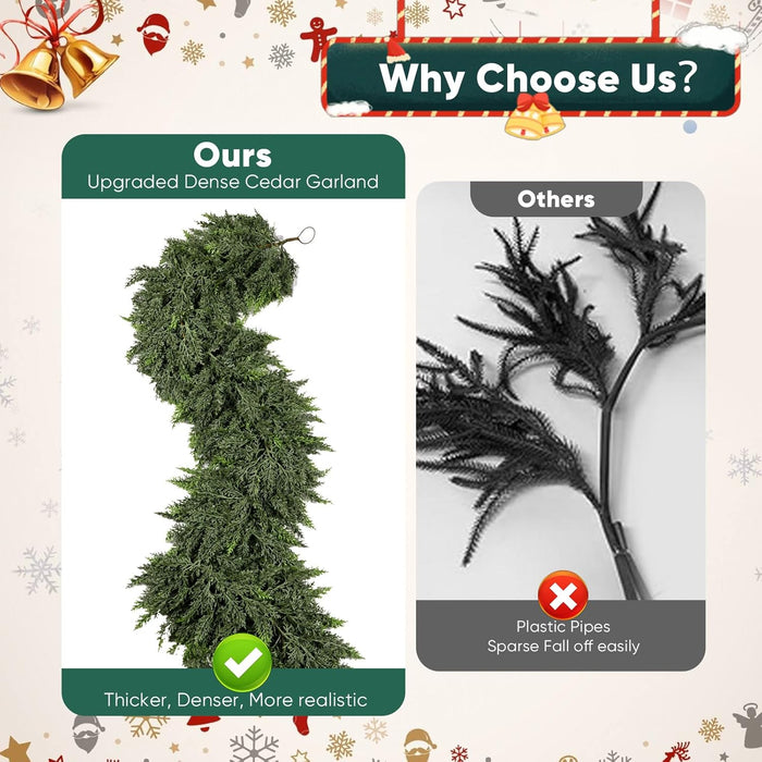 9FT Thick Christmas Garland with 240 Cedar Branches, Real Touch Green Cedar Garland for Christmas Decorations, Artificial Greenery Garland for Table, Mantle, Wall, Indoor, Outdoor Holiday Decor