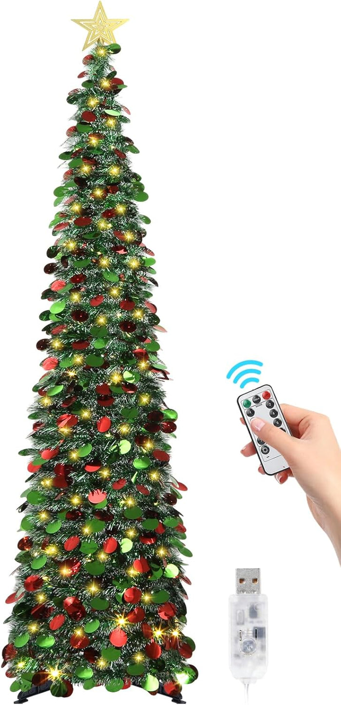 6 FT Pop Up Christmas Tree with 100 LED Timer Lights & Remote, White Collapsible Christmas Tinsel Tree Artificial Pencil Tree Xmas Decoration for Holiday Home Office Party, USB Powered
