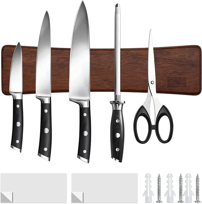 HOSHANHO Magnetic Knife Strips, Magnetic Knife Holder for Wall 16 Inch, Acacia Wood Knife Magnetic Strip Use as Knife Bar, Knife Holder for Kitchen Utensil Organizer