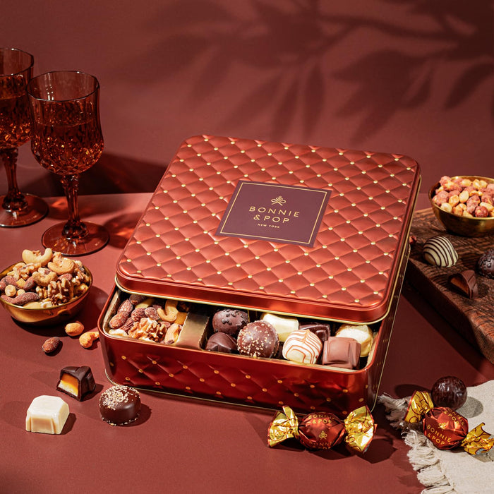 Christmas Chocolate Gift Basket- Holiday Nut and Candy Gift Box for Men, Women, Families, Corporate- Bonnie and Pop