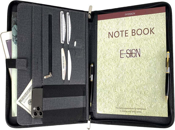IVESIGN Faux Leather Portfolio Padfolio Organizer with Calculator, Writing Pad, Zipper Closure, Tablet Sleeve, Clipboard with Storage, Document Organizer, Business Card Holder, Note Pads-Black