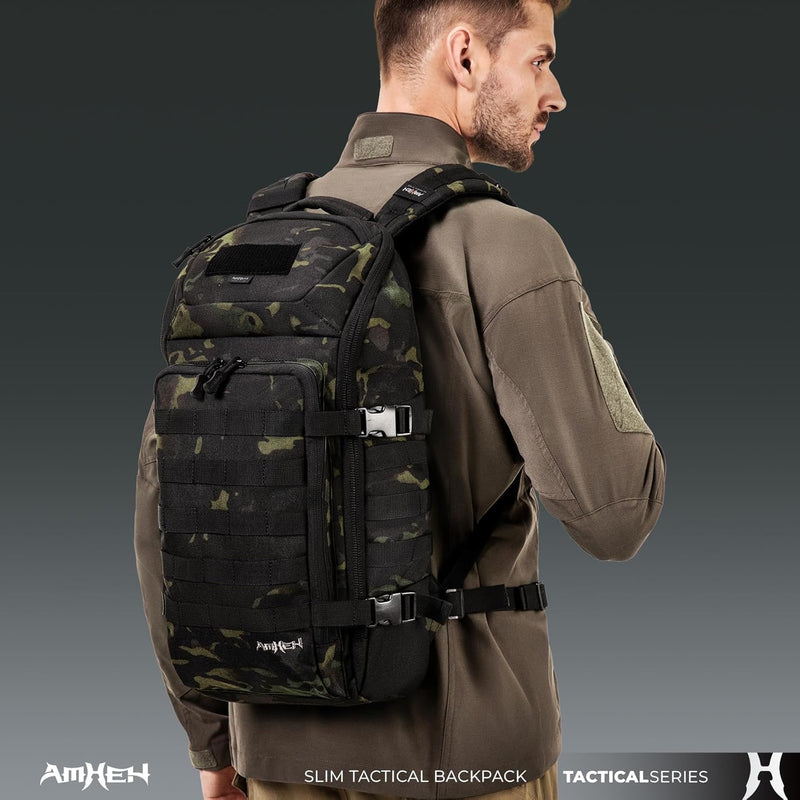 Tactical Backpack Military Slim Army Bag Molle Daypack 20L Outdoors Hiking Camping Travel EDC Pack with Multiple Pockets Waterproof for Men (Black Camo)
