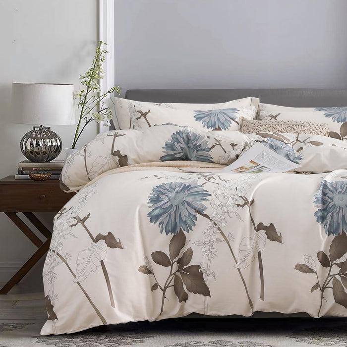 SLEEPBELLA Cotton King Size Comforter, 600 Thread Count Cotton Brown Branches and Blue Flowers Off-White Comforter Sets, Down Alternative Bedding Set 3Pcs(King, Off-White Botanical)