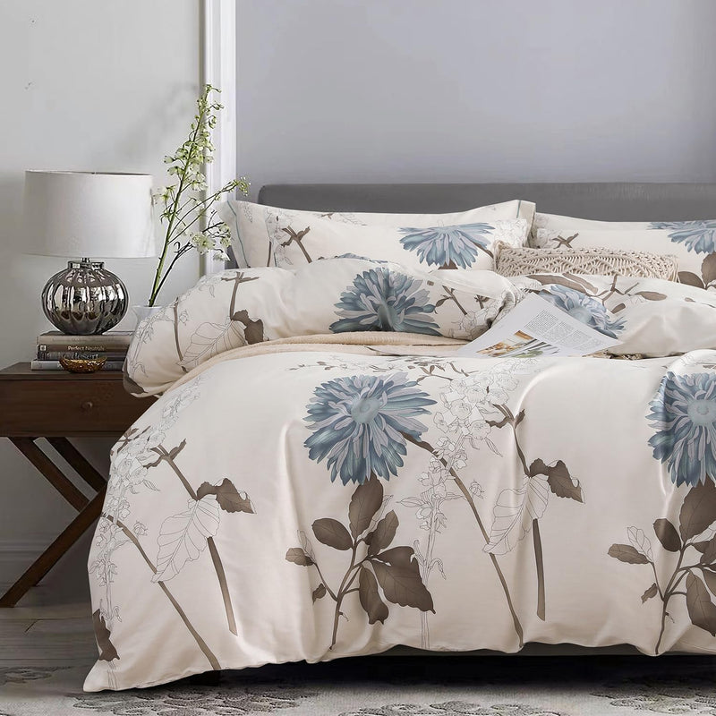 SLEEPBELLA Cotton King Size Comforter, 600 Thread Count Cotton White Printed with Blue & Blush Flowers Cotton Comforter Set,Down Alternative Bedding Set 3Pcs(King, White Floral)