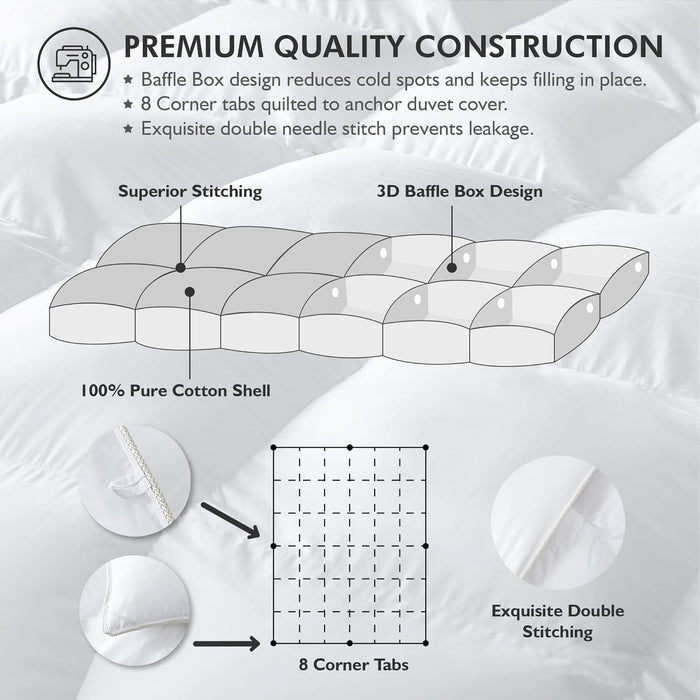 Luxurious Oversized King 108" x 98" Size Goose Down Fiber Waterfowl Feather Fiber Comforter Duvet, 100% Egyptian Cotton Cover, 65 oz. Fill Weight, Baffle Box Design, White Solid