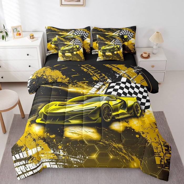 Feelyou Race Car Bed Set for Kids Boys Girls Twin Size Speed Honeycomb Prints 7 Pieces Beeding Set Ultra Soft Extreme Sports Bed in a Bag with Comforter, Sheets, Pillowcases Sports Car Cool Car