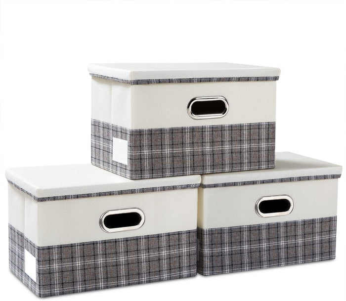 PRANDOM Large Collapsible Storage Bins with Lids [3-Pack] Linen/Cotton Blend Foldable Storage Boxes Organizer Containers Baskets Cube with Cover for Home Bedroom Closet Office Nursery(17.7x11.8x11.8)
