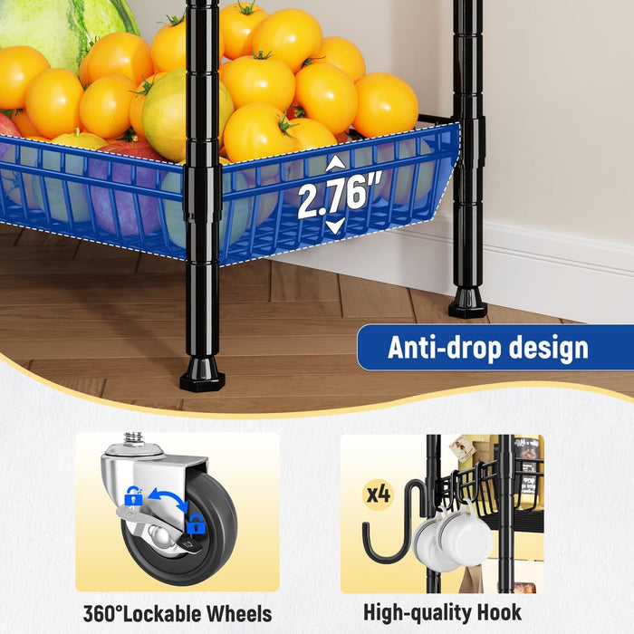 7 Tier Wire Shelving Unit with Wheels 72" H Adjustable Basket Shelf Storage Shelves with Hooks for Kitchen Bathroom Garage Closet Laundry Room Organization 72" H x 24" W x 14" D, Black
